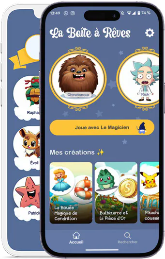 Ecran d'accueil de la boîte à rêves, l'application d'histoires pour enfants